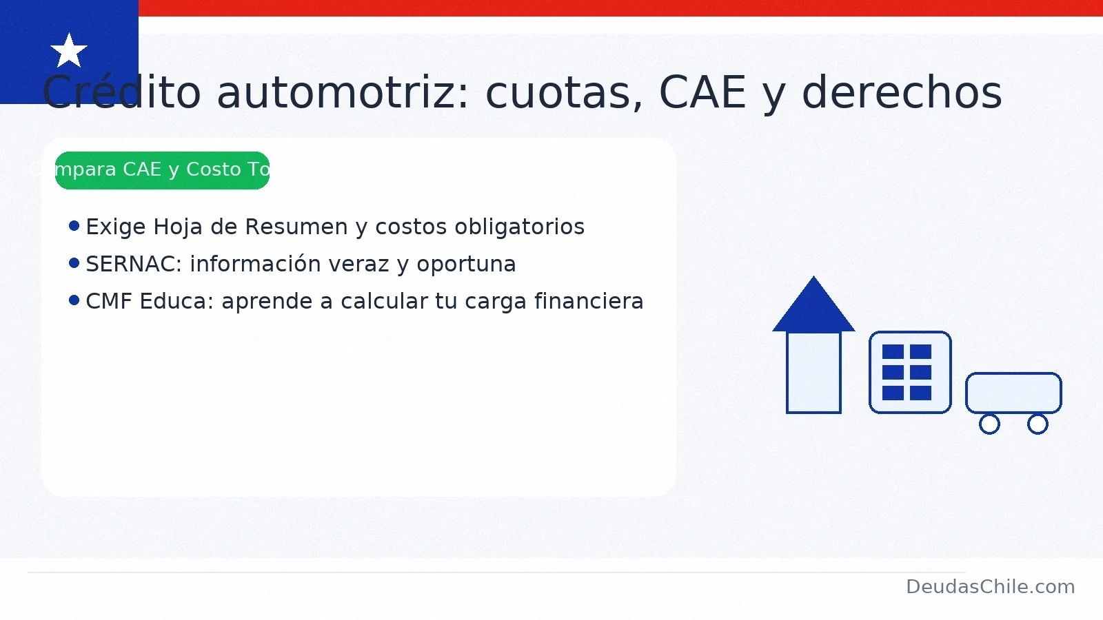 Crédito automotriz en Chile: compara CAE y costo total, exige Hoja de Resumen; derechos del consumidor (SERNAC) y educación financiera CMF — DeudasChile.com
