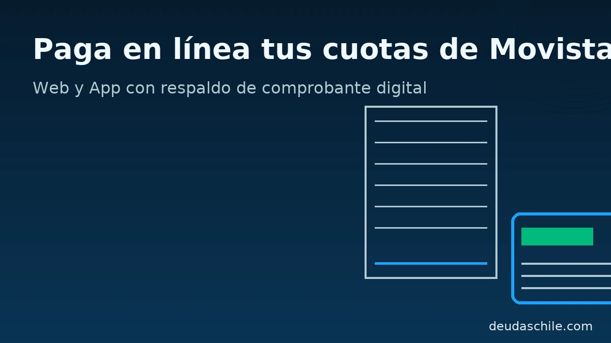 Paga en línea tus cuotas de Movistar” con boleta y tarjeta de pago, acentos cian y verde; orientada a pasos de pago en Web o App con comprobante digital