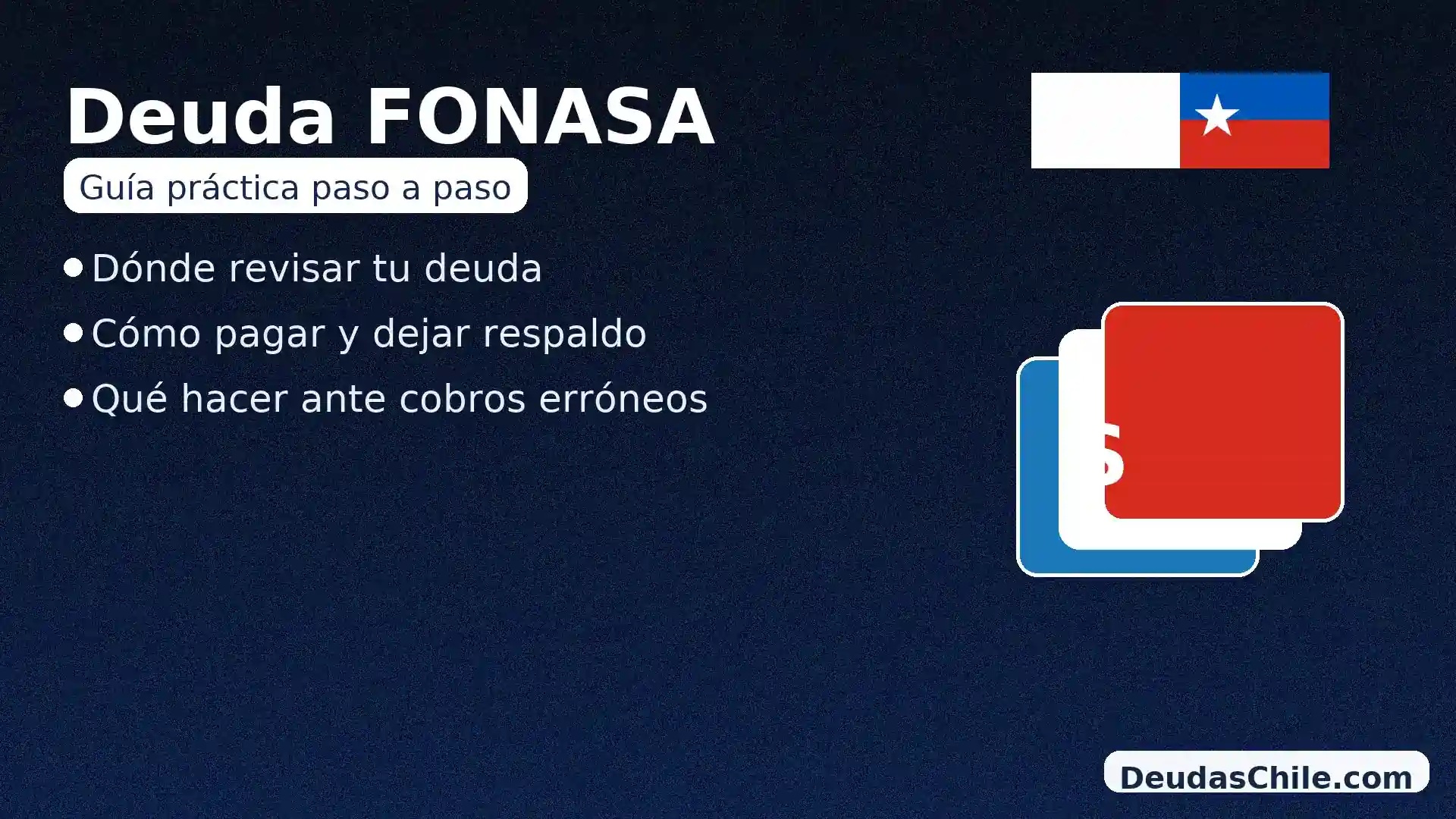 Guía práctica de deuda FONASA: dónde revisar, cómo pagar y qué hacer ante cobros erróneos — tarjetas superpuestas con símbolo de peso.
