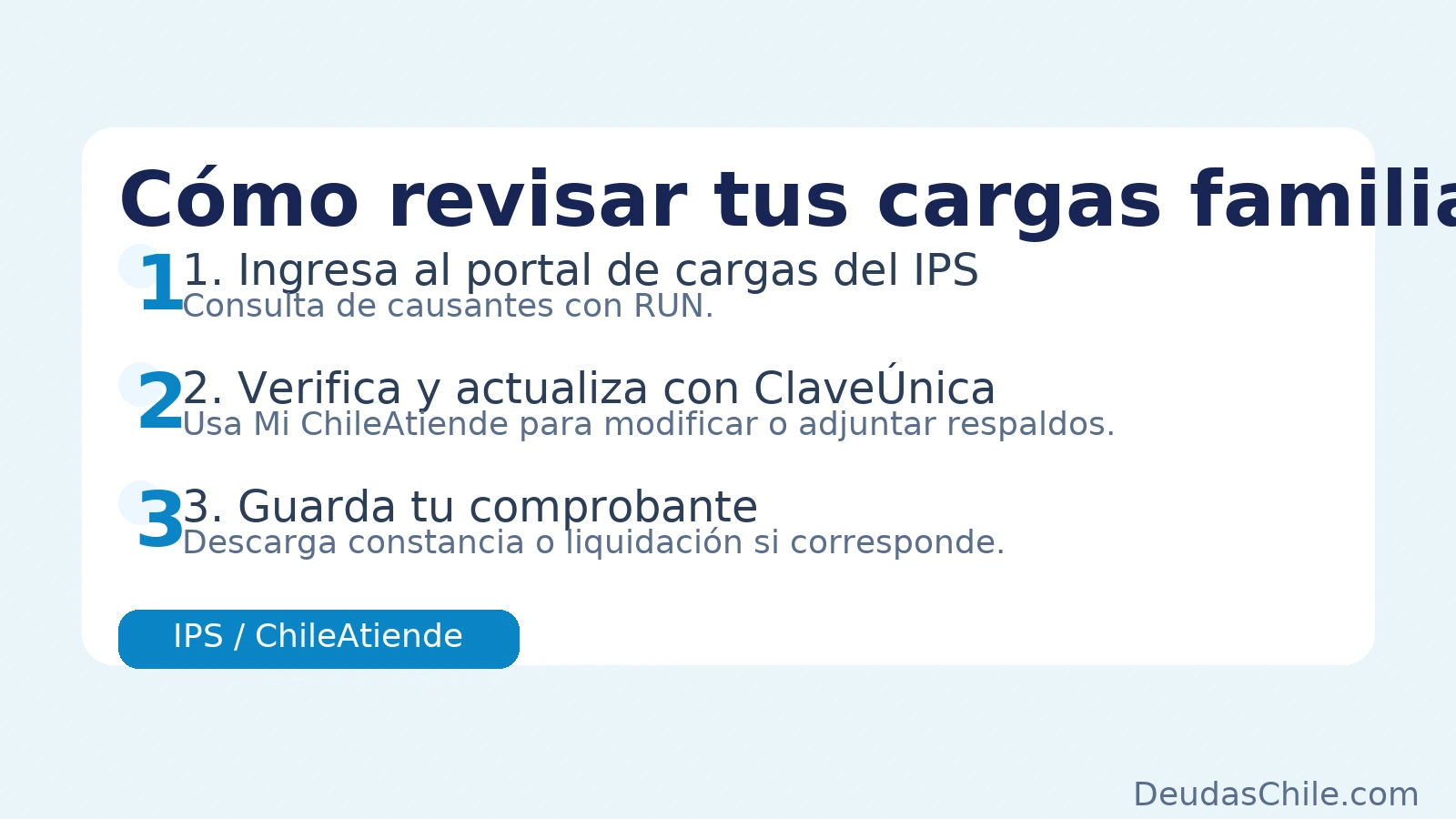 Cómo revisar tus cargas familiares: ingresar al portal del IPS, verificar o actualizar con ClaveÚnica en Mi ChileAtiende y guardar el comprobante.