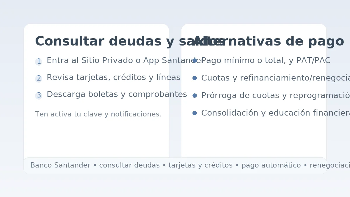 Cómo consultar deudas y opciones de pago en Santander: PAT/PAC, cuotas, renegociación y comprobantes.