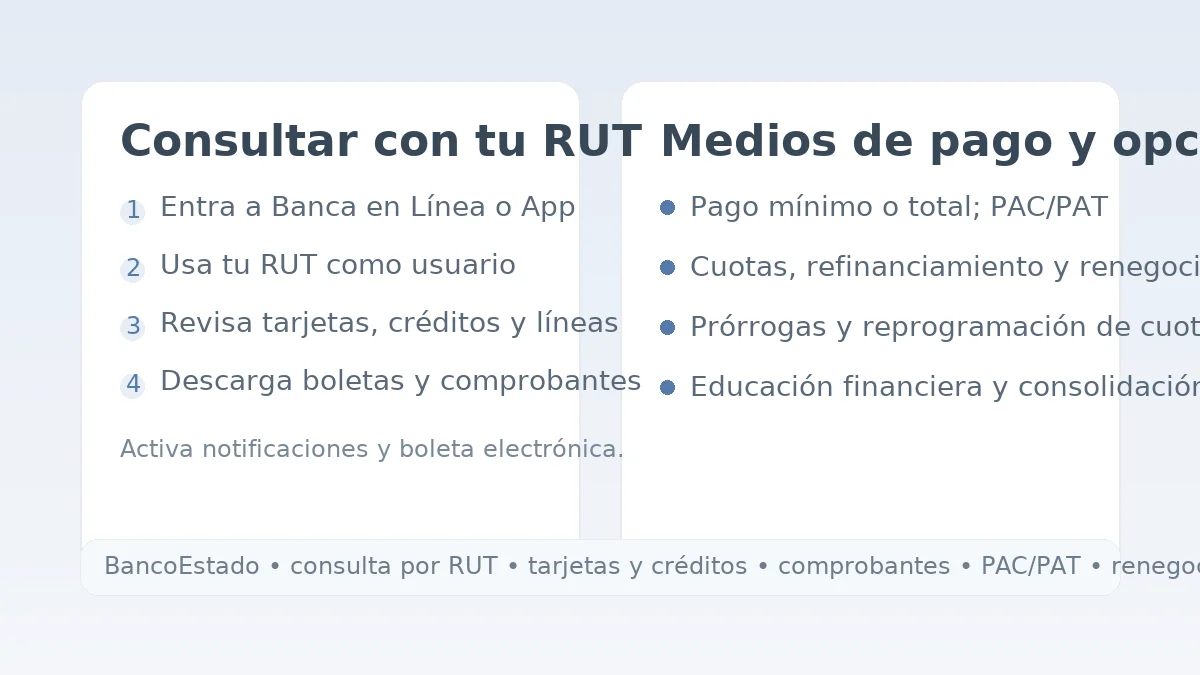Cómo consultar con RUT y opciones de pago en BancoEstado: PAC/PAT, renegociación y descarga de comprobantes.
