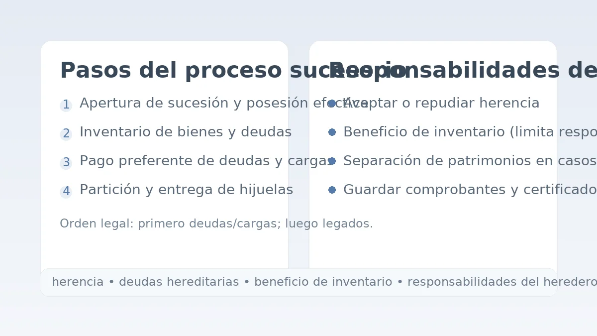 Proceso sucesorio y responsabilidades del heredero: posesión efectiva, inventario, pago de deudas y opciones legales.