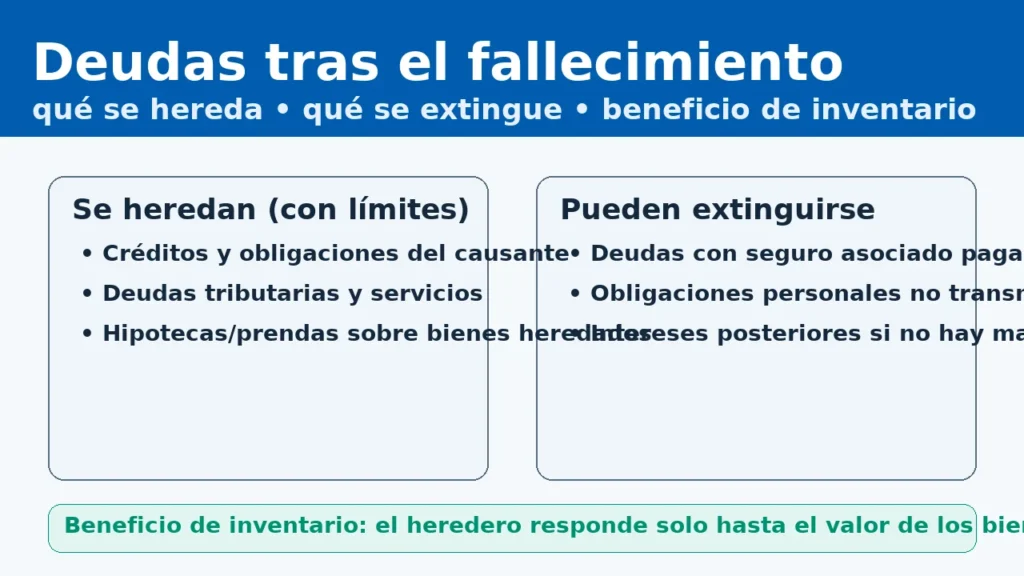 Deudas tras el fallecimiento: qué se hereda, qué se extingue y beneficio de inventario — guía visual.