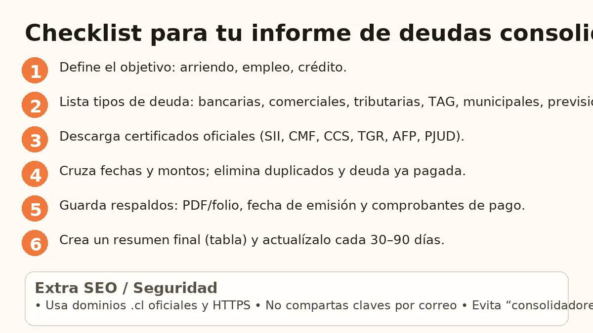 nforme de deudas en Chile: mapa de fuentes oficiales (SII, CMF Conoce tu Deuda, CCS Boletín Comercial, TAG, TGR/Municipalidades, AFP/Previred, PJUD y SERNAC)