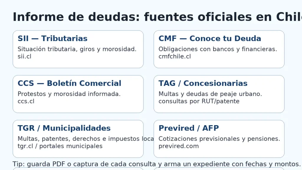 Checklist para armar un informe de deudas consolidado: objetivo, tipos de deuda, certificados oficiales, cruce de montos y fechas, respaldos y resumen