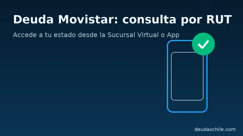 Banner “Deuda Movistar: consulta por RUT” con ícono de smartphone verificado sobre fondo azul oscuro y acentos verde-turquesa; invita a revisar el estado desde Sucursal Virtual o App.