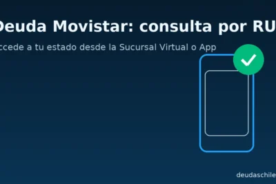 Banner “Deuda Movistar: consulta por RUT” con ícono de smartphone verificado sobre fondo azul oscuro y acentos verde-turquesa; invita a revisar el estado desde Sucursal Virtual o App.