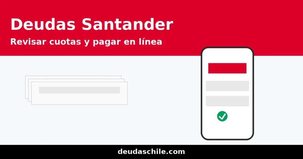 Encabezado de Deudas Santander: teléfono con cuotas y botón de pago, billetes apilados y franja roja con el texto ‘Revisar cuotas y pagar en línea’. Marca de agua: deudaschile.com.