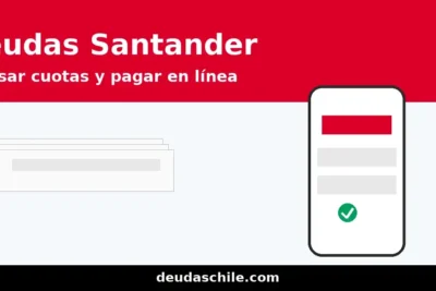 Encabezado de Deudas Santander: teléfono con cuotas y botón de pago, billetes apilados y franja roja con el texto ‘Revisar cuotas y pagar en línea’. Marca de agua: deudaschile.com.
