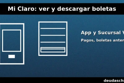 Ilustración de Mi Claro (App y Sucursal Virtual) con íconos de boleta y teléfono; guía para ver y descargar boletas anteriores, revisar detalle y pagar desde la sección Pagos.