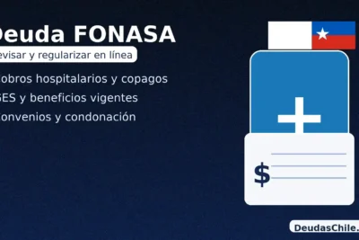 Deuda FONASA: revisar y regularizar en línea — cobros hospitalarios, copagos GES y convenios de pago (bandera de Chile y símbolos de salud y boleta).