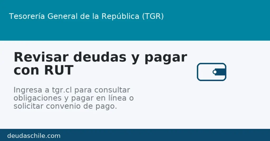 TGR: revisar deudas y pagar con RUT en tgr.cl; pagar en línea o suscribir convenio de pago”. (Apoya pagos y convenios/regularizaciones en Tesorería)