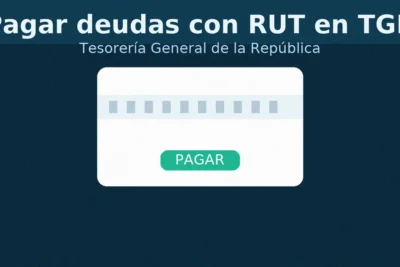Ilustración de tarjeta RUT y botón ‘Pagar’ sobre fondo azul; pagar deudas con RUT en TGR.